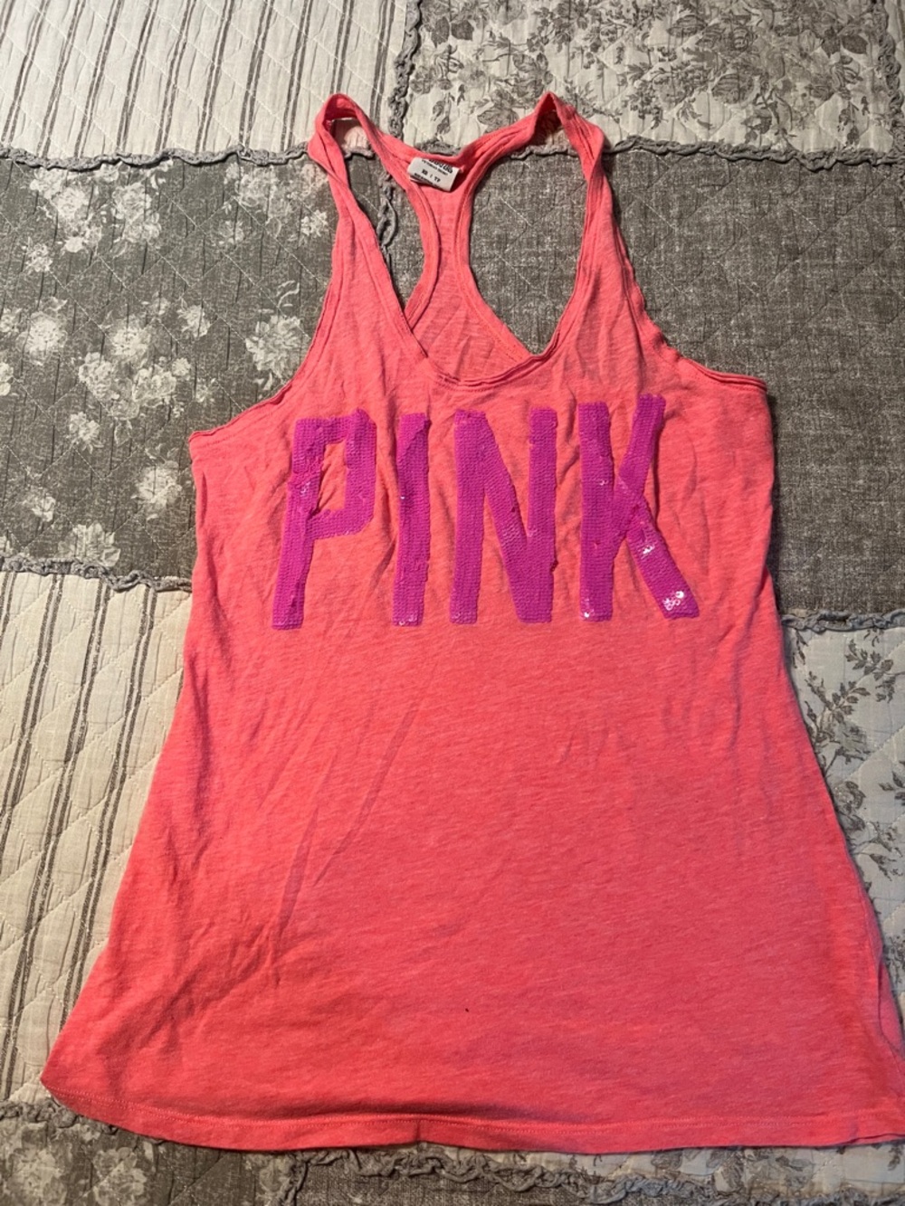 PINK Victoria's Secret Coral Tank Top with Purple Sequin Logo